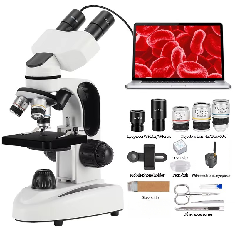 40倍から1000倍の倍率を持つ複合双眼顕微鏡、デュアルLE - Microscope Compound 40X のレビューと価格